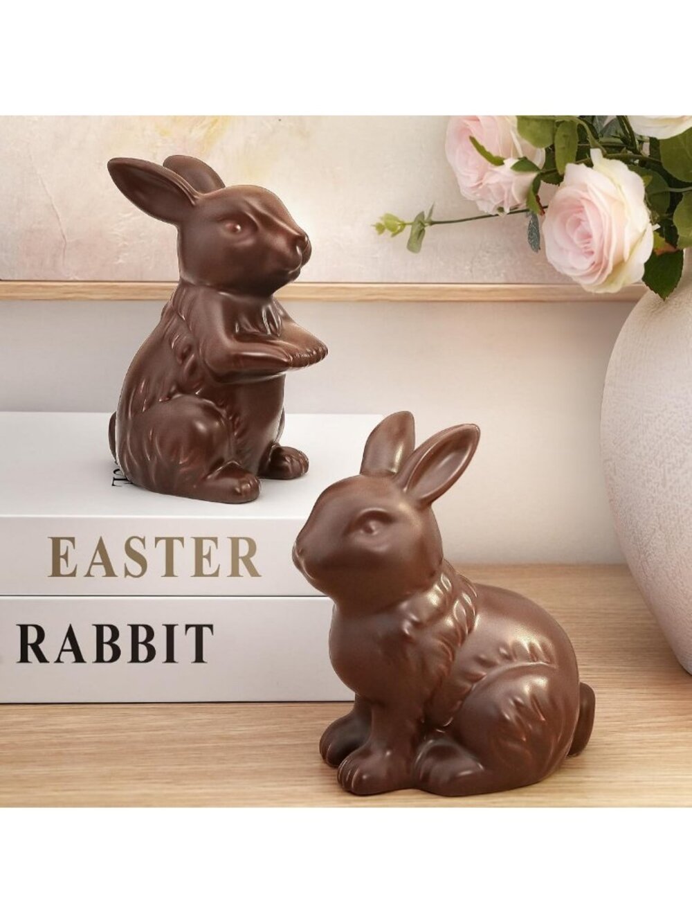 Chic Chocolate Bunny Figurines - Set of 2 Modern Easter Decor for Home & Office